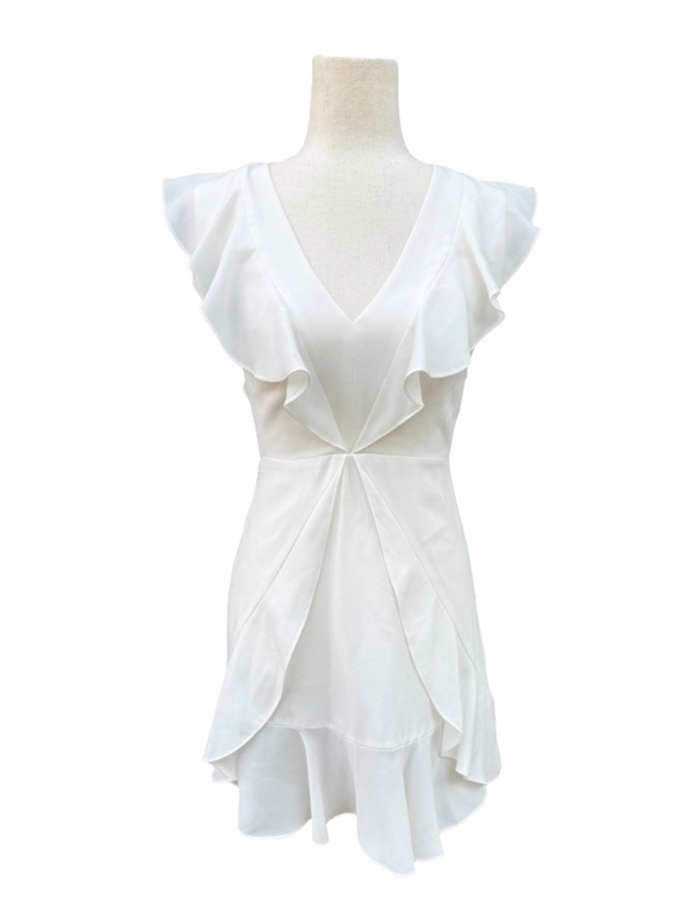 BCBGMaxAzria White Ruffle V-Neck Mini Dress with flounce chiffon like material 0